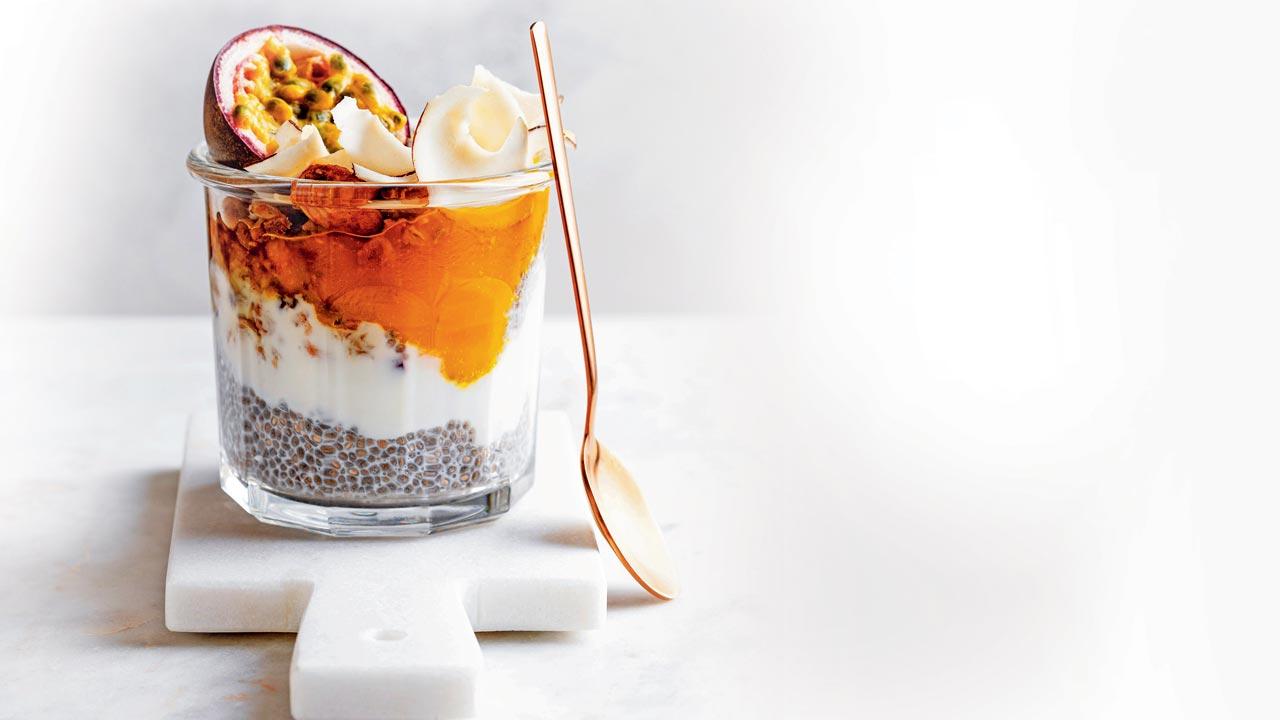 Alphonso and passion fruit sabja pudding