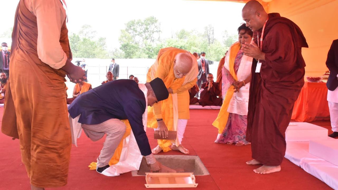 Visiting Indian Prime Minister Narendra Modi and his Nepali counterpart Sher Bahadur Deuba on Monday jointly laid the foundation stone of the India International Centre for Buddhist Culture and Heritage in Lumbini