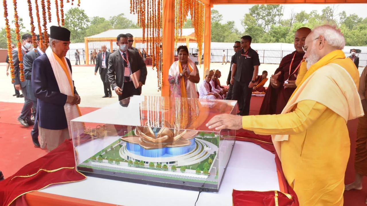 Prime Minister Narendra Modi and Nepal PM Sher Bahadur Deuba during the foundation ceremony of the India International Centre for Buddhist Culture & Heritage