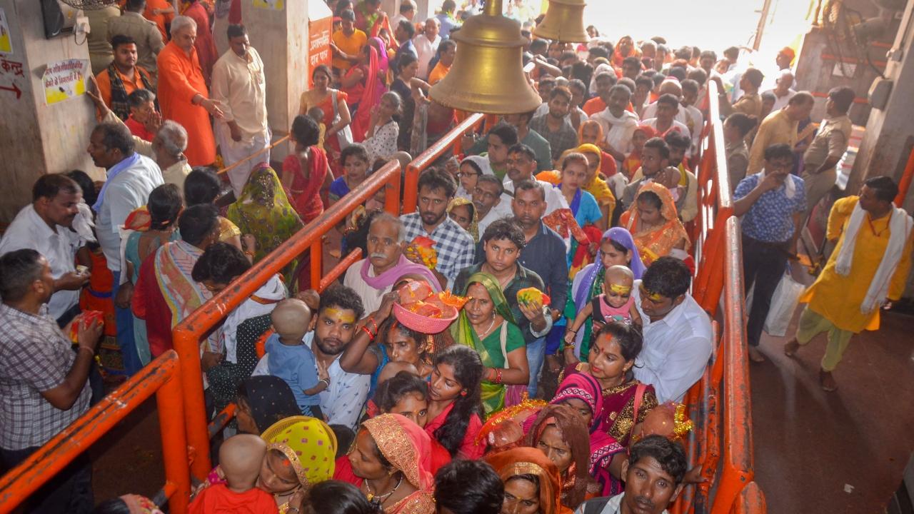 Devotees wait to offer prayers at Vindhyavasini temple in Mirzapur