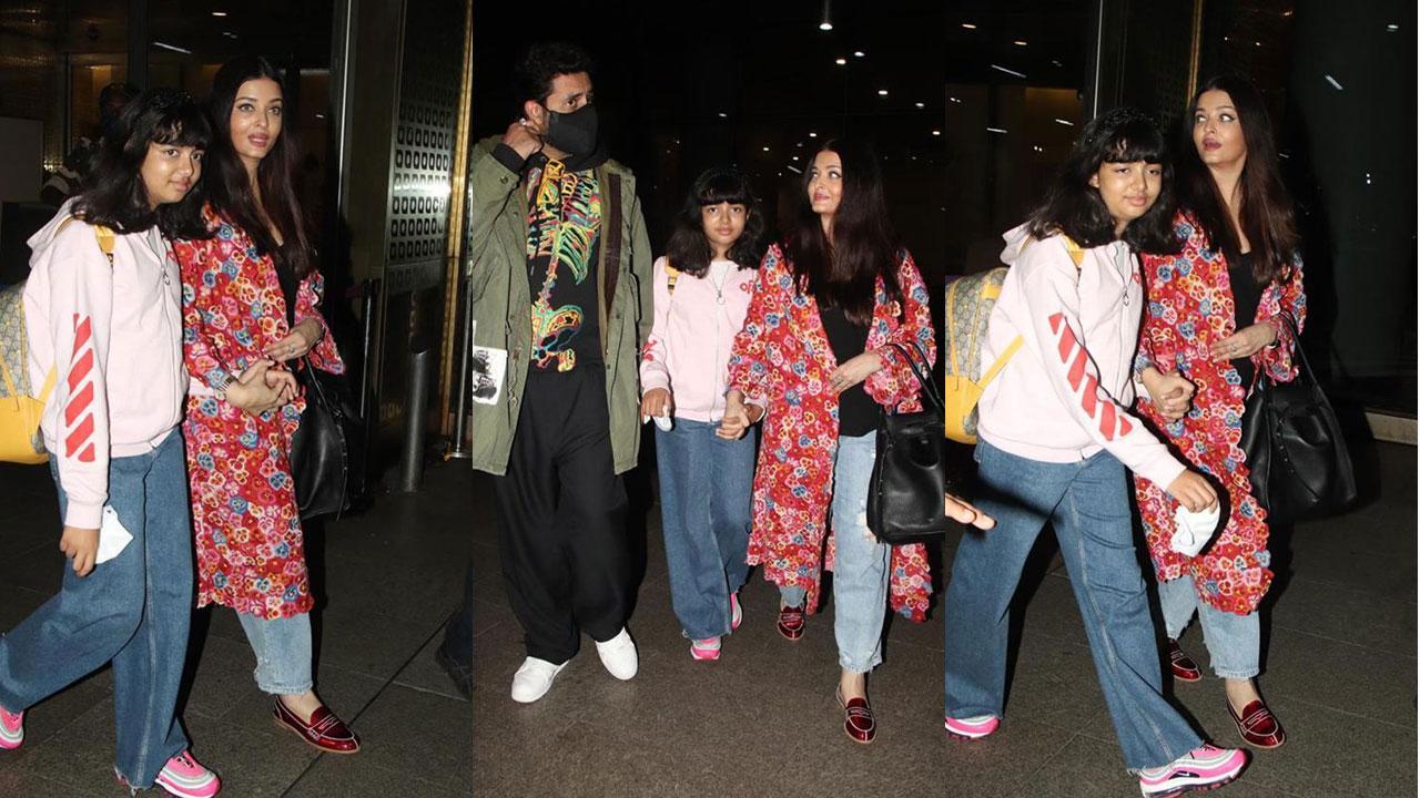 A collage of Aishwarya Rai Bachchan, Abhishek Bachchan, Aaradhya Bachchan