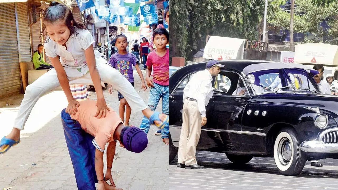 Children testing their jumping skills (L) and A traffic police constable peeks inside a vintage car. Pic/Midday Photo Team