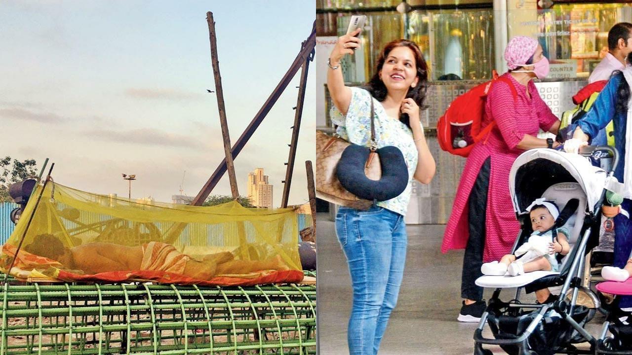 A man takes a nap inside a mosquito net (L) and a woman takes a selfie with baby at Mumbai airport. Pic/mid-day photo team