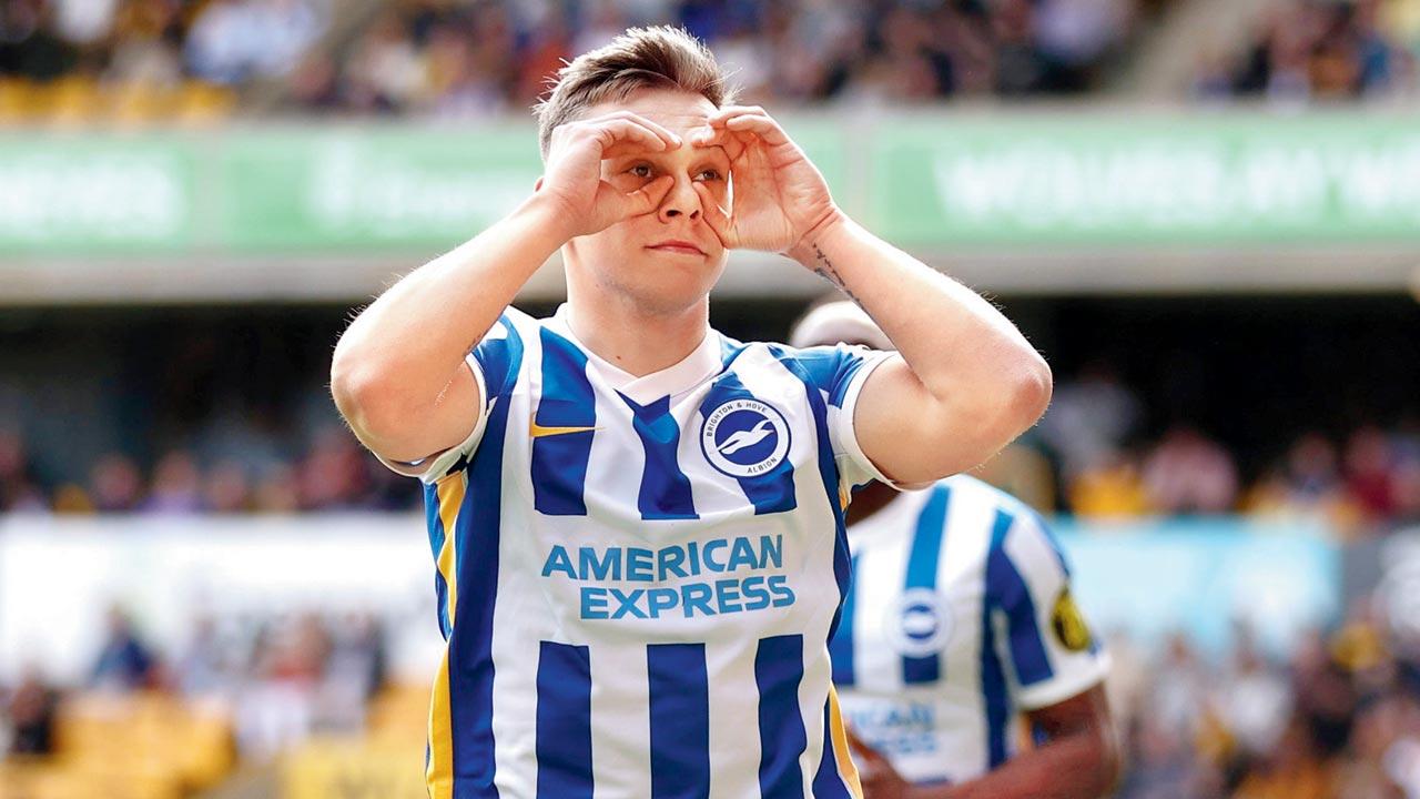 Brighton’s Leandro Trossard after scoring his team’s fourth goal 