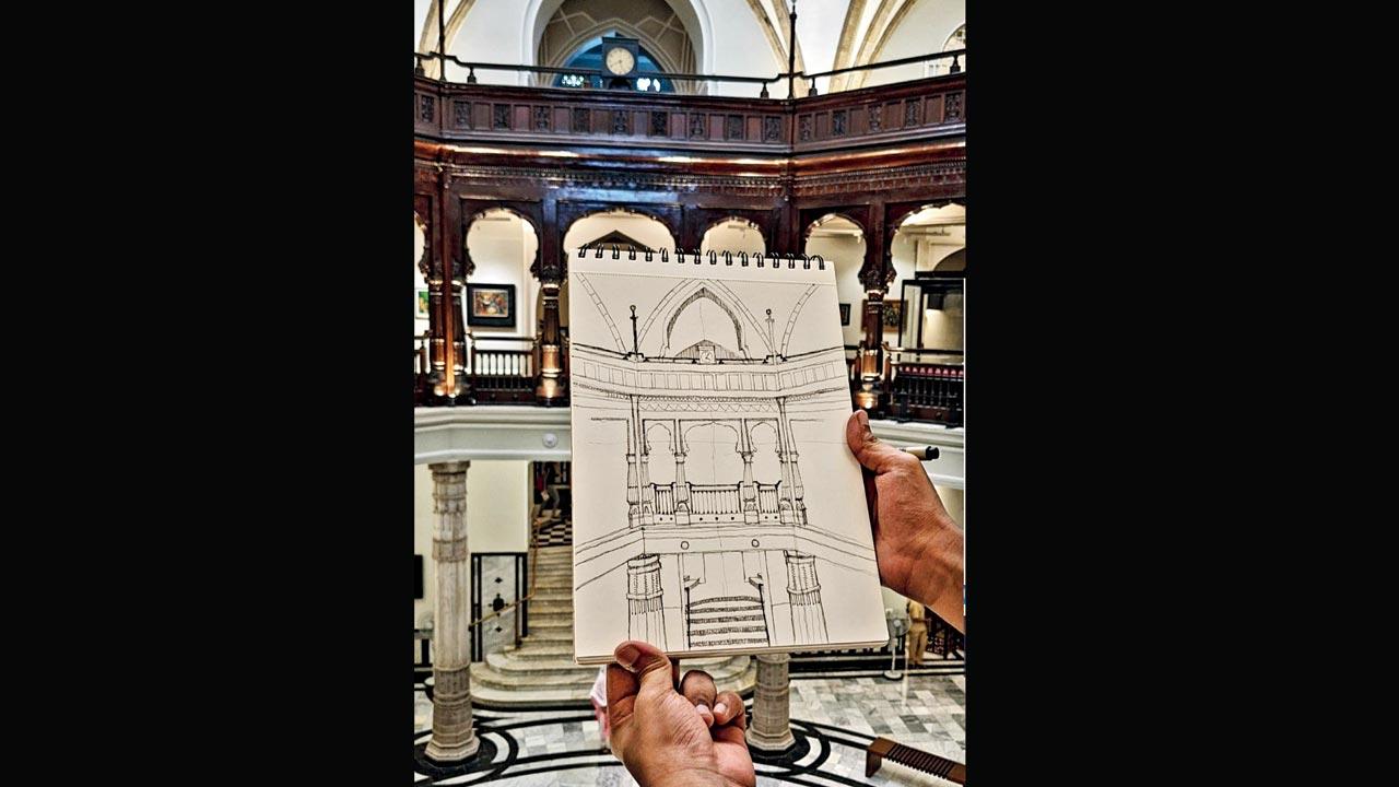 Zahid Satare’s sketch against the central dome of CSMVS