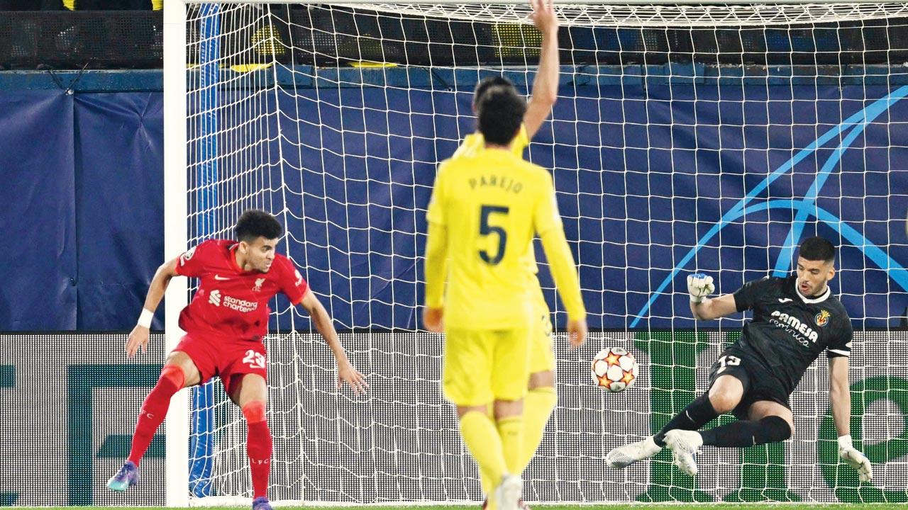 Liverpool’s Luis Diaz (left) scores a goal against Villarreal