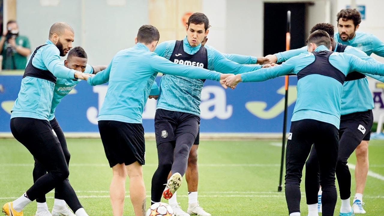 Villarreal players during a session at the Ciudad Deportiva Villarreal training ground in Spain yesterday