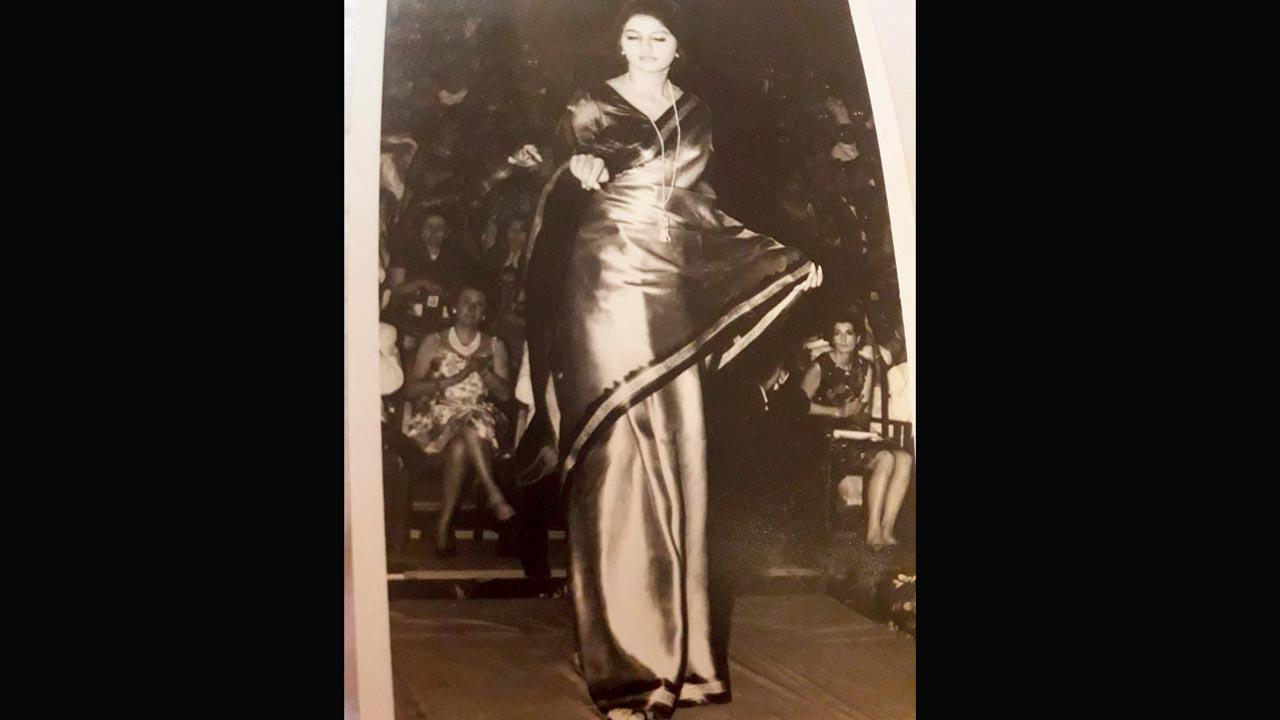 Uttara Parikh modelling a silk saree at the Dior fashion show on the BARC lawns in 1961