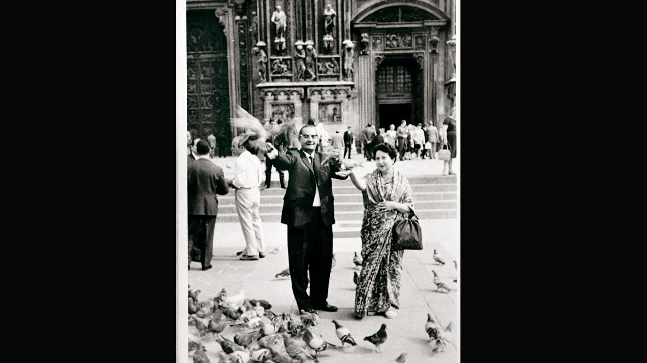 AC Patel and wife Khorshed feeding pigeons at the Duomo Cathedral, Milan, 1966