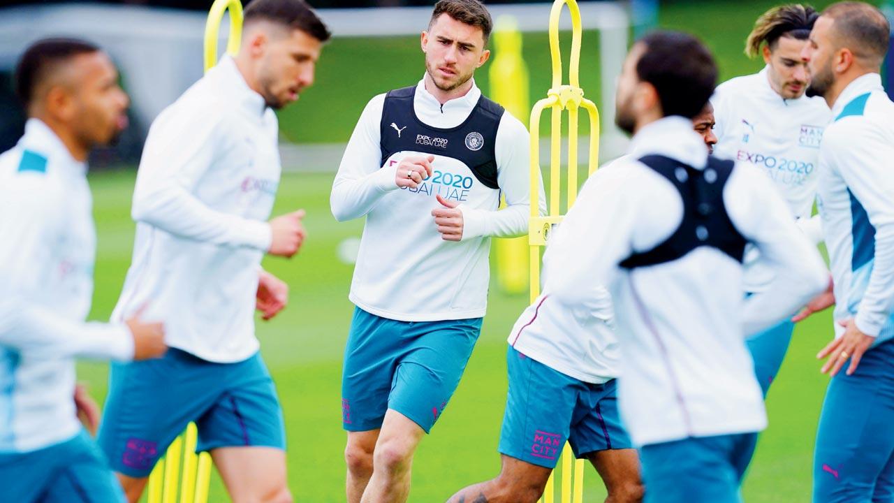 City players during a training session at Manchester yesterday