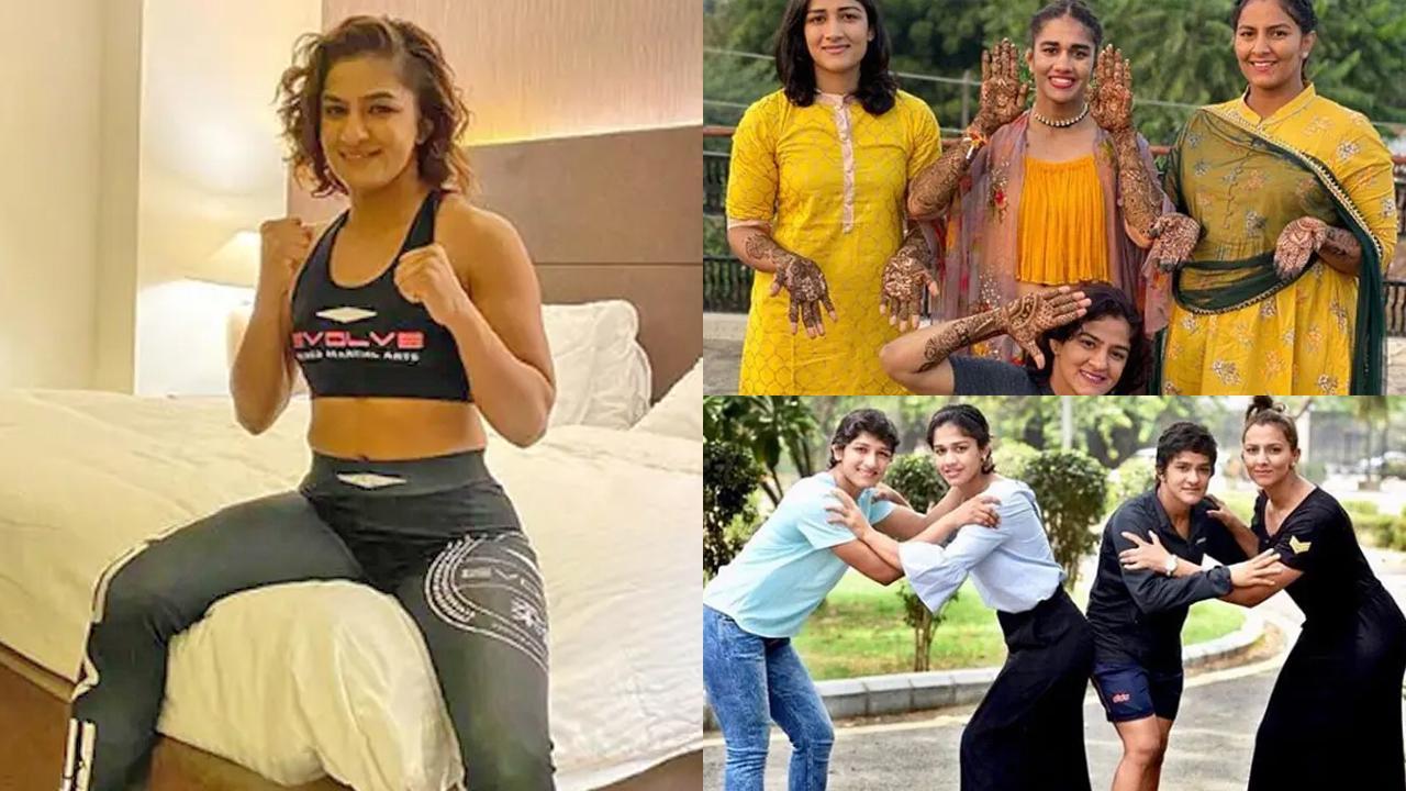 A collage of Ritu Phogat with her family