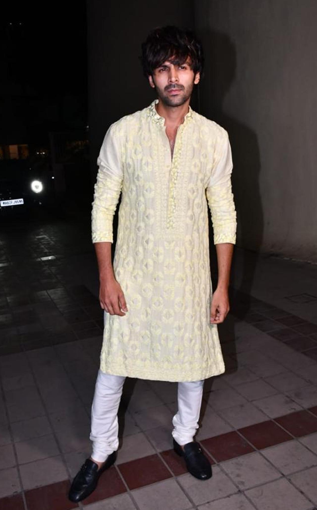Kartik Aaryan aced his traditional outfit for the Eid bash hosted by Saqib Saleem and Huma Qureshi. Aaryan is gearing up for Anees Bazmee's 'Bhool Bhulaiyaa 2' that releases in cinemas on May 20. The actor was in Chandigarh recently for the promotions of his upcoming horror-comedy that also stars Tabu and Kiara Advani.