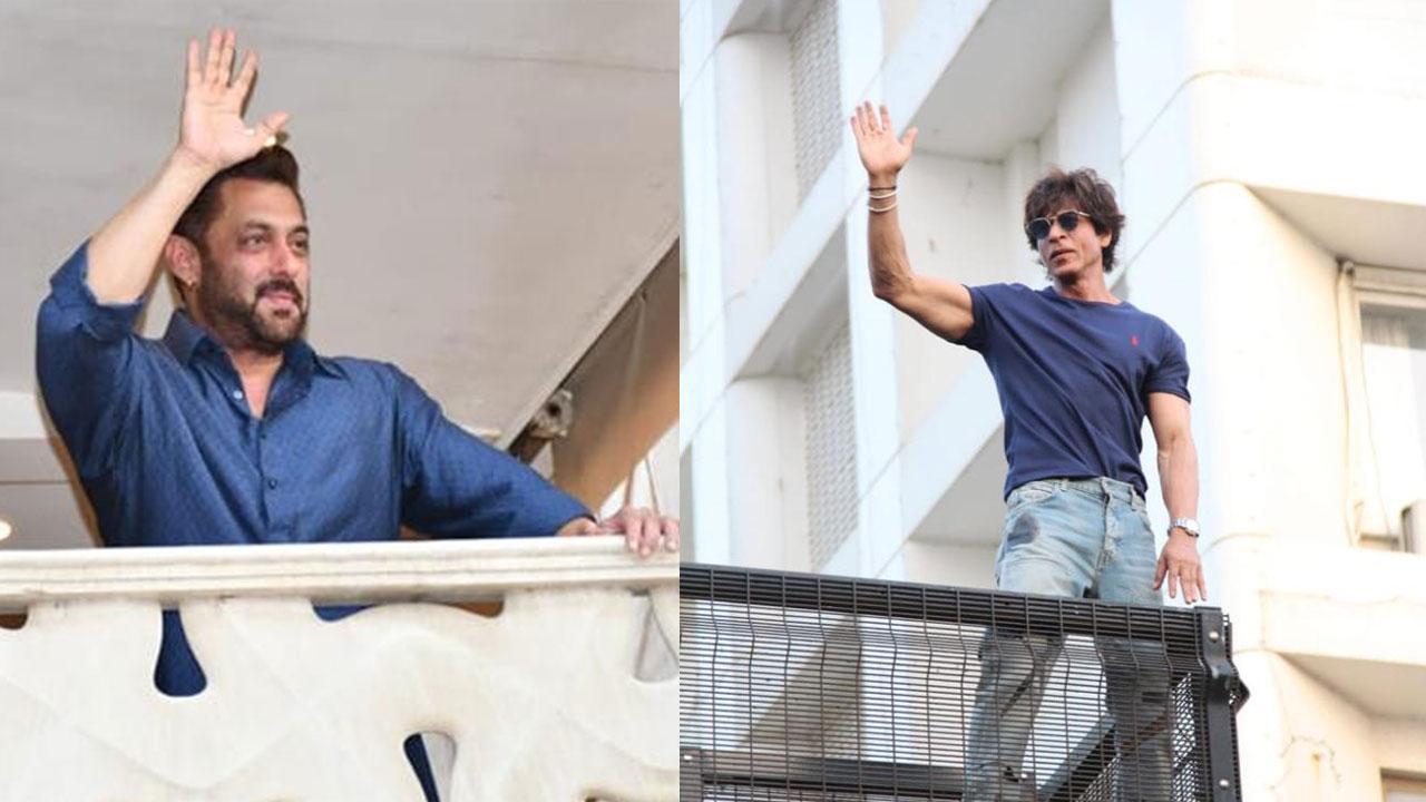 SRK and Salman Khan twin in blue as they wave to fans on the occasion of Eid