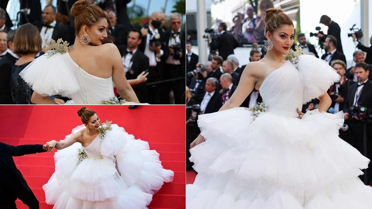 A collage of Urvashi Rautela's red carpet look at Cannes 2022