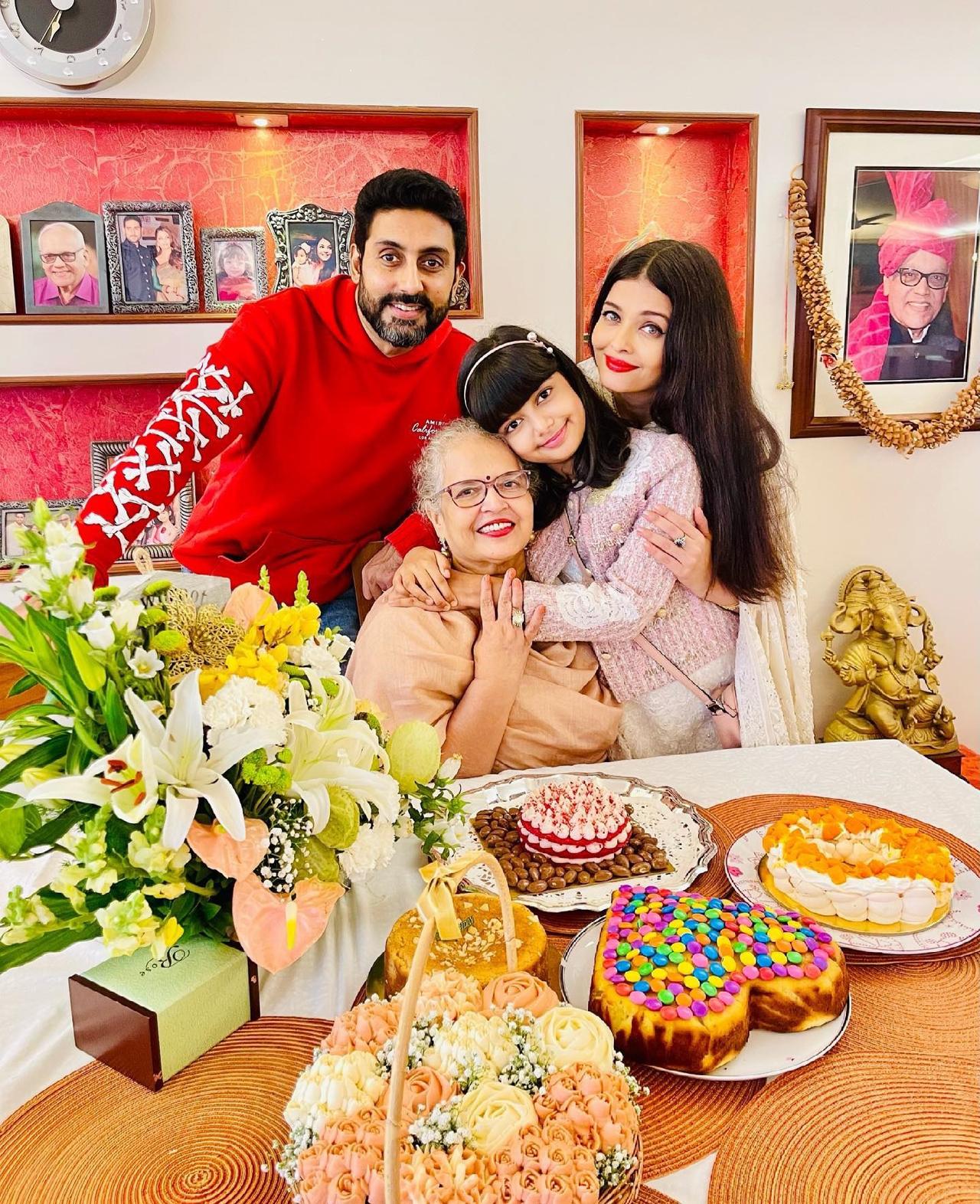 Last year on this day, the actress shared another adorbale picture on her mother's birthday. She had the company of three delicious cakes, her daughter, and her husband Abhishek Bachchan. 