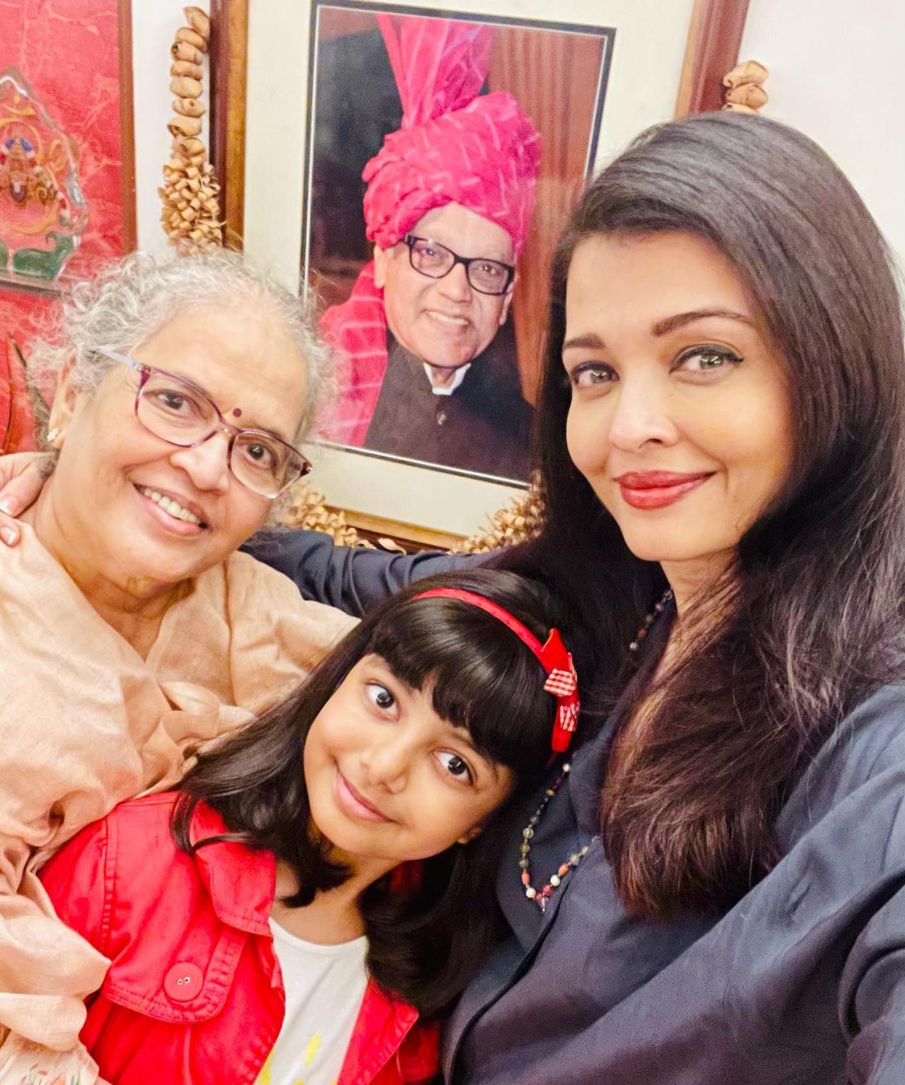 The gorgeous Aishwarya Rai Bachchan has always been very close to her mother Vrinda Rai, who celebrates her birthday today. The actress's Instagram account is flooded with Brinda Rai's pictures that are truly adorable. In this picture, the actress wishes her mother a Happy Anniversary by clicking a selfie with her and her daughter Aaradhya.