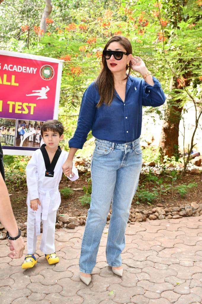 Kareena kept it stylish and casual as usual in a blue shirt, a pair of blue jeans and shades. The Karate Kid was dressed in his karate dress and looked too adorable.