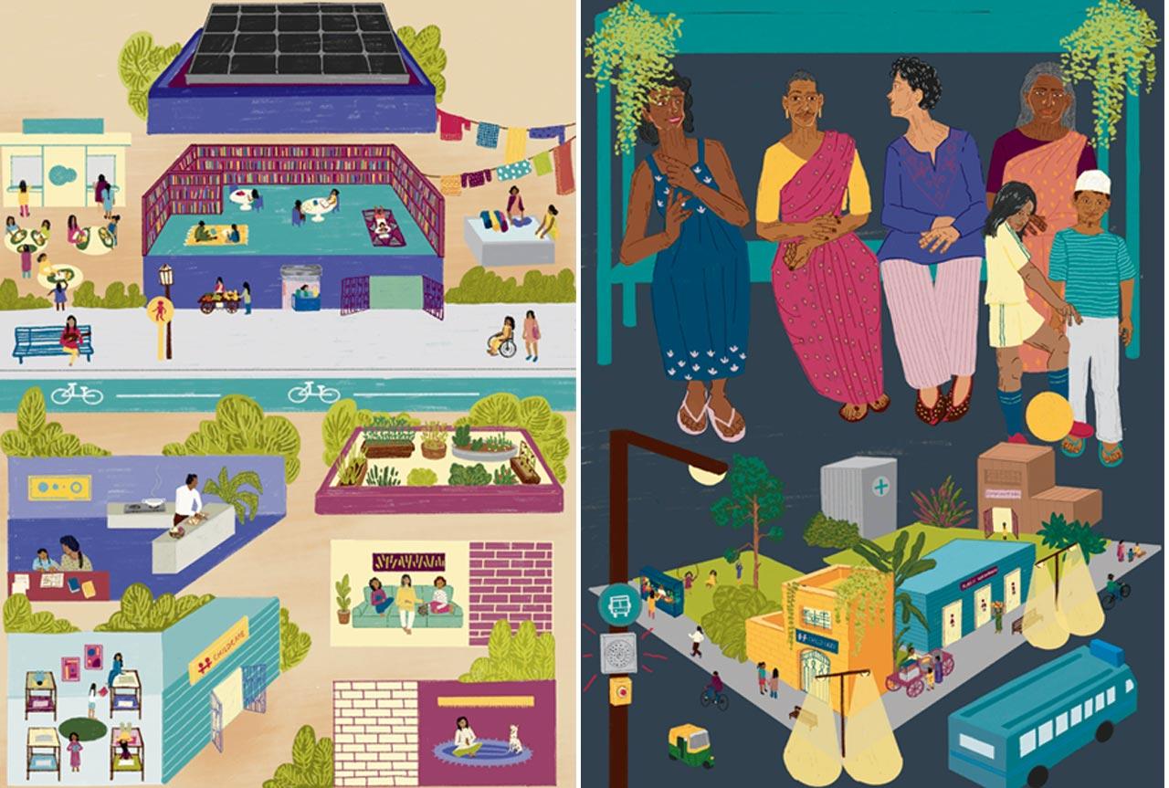 Sneha Visakha’s research on feminist town planning deliberated on the need for structural change in physical infrastructure and upping the game in social infrastructure to build safer and more equitable cities for girls and women. Illustration/ Drishti Khokhar