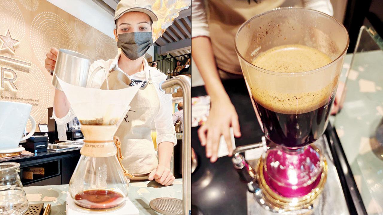 Water and coffee being mixed in the siphon (right) coffee being made using chemex method