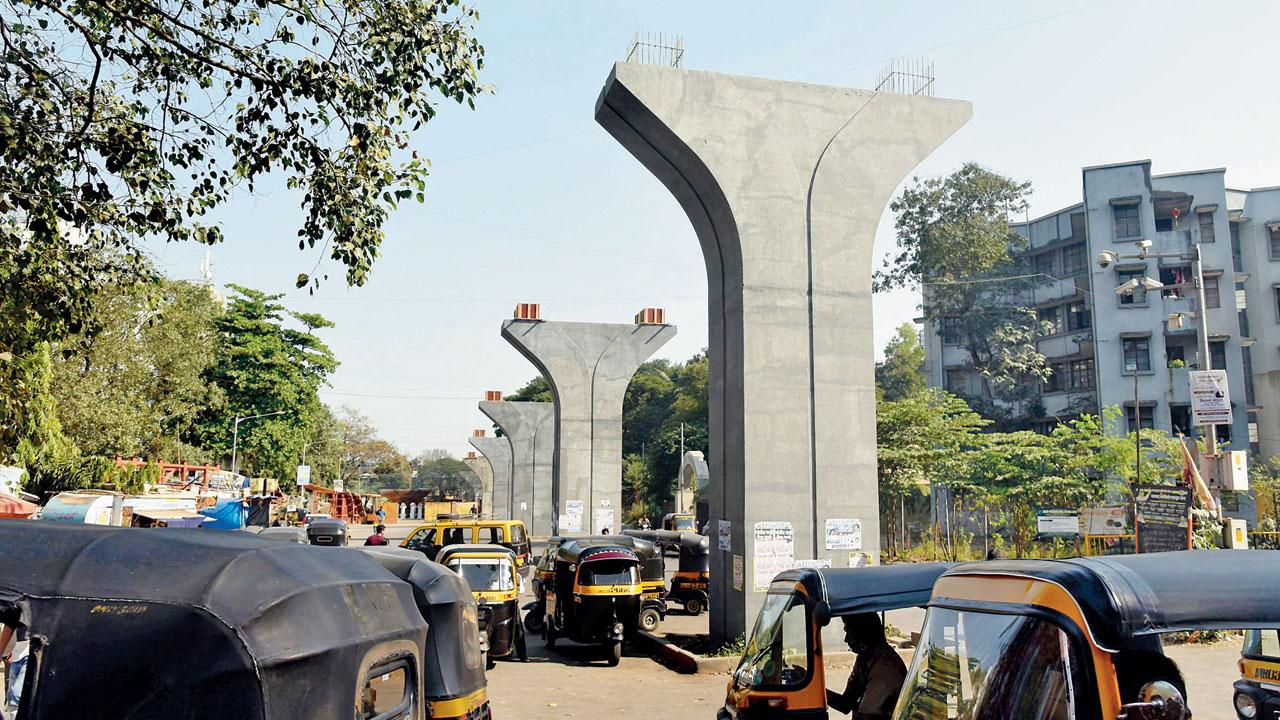 The pillars of the yet-to-be-completed bridge at Vikhroli on Sunday