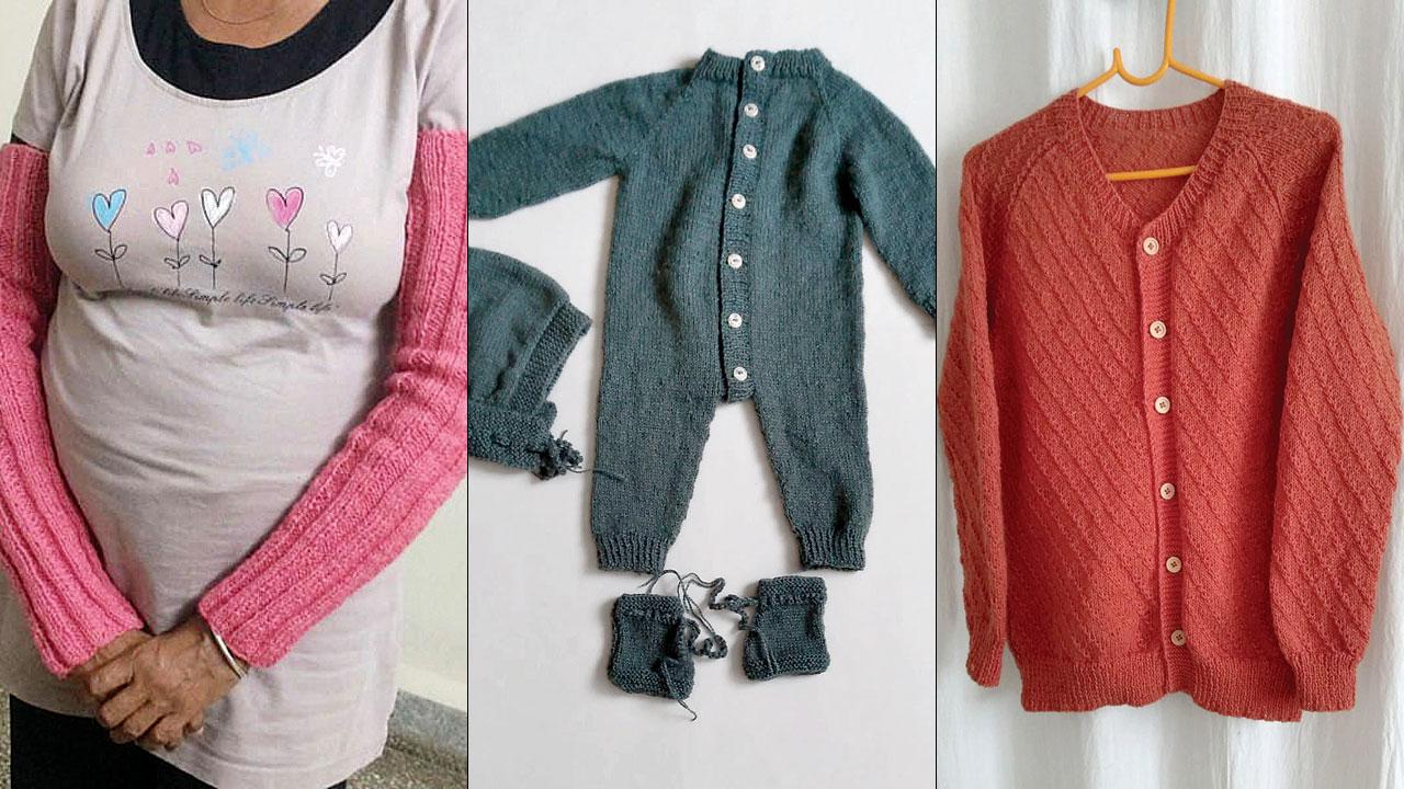 (Clockwise from left) Handwarmers, a set of baby clothes and sweater created by Sandhya Kulkarni