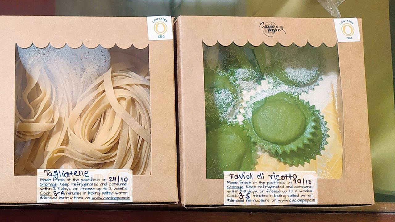 The pasta boxes include the date of preparation and storage instructions