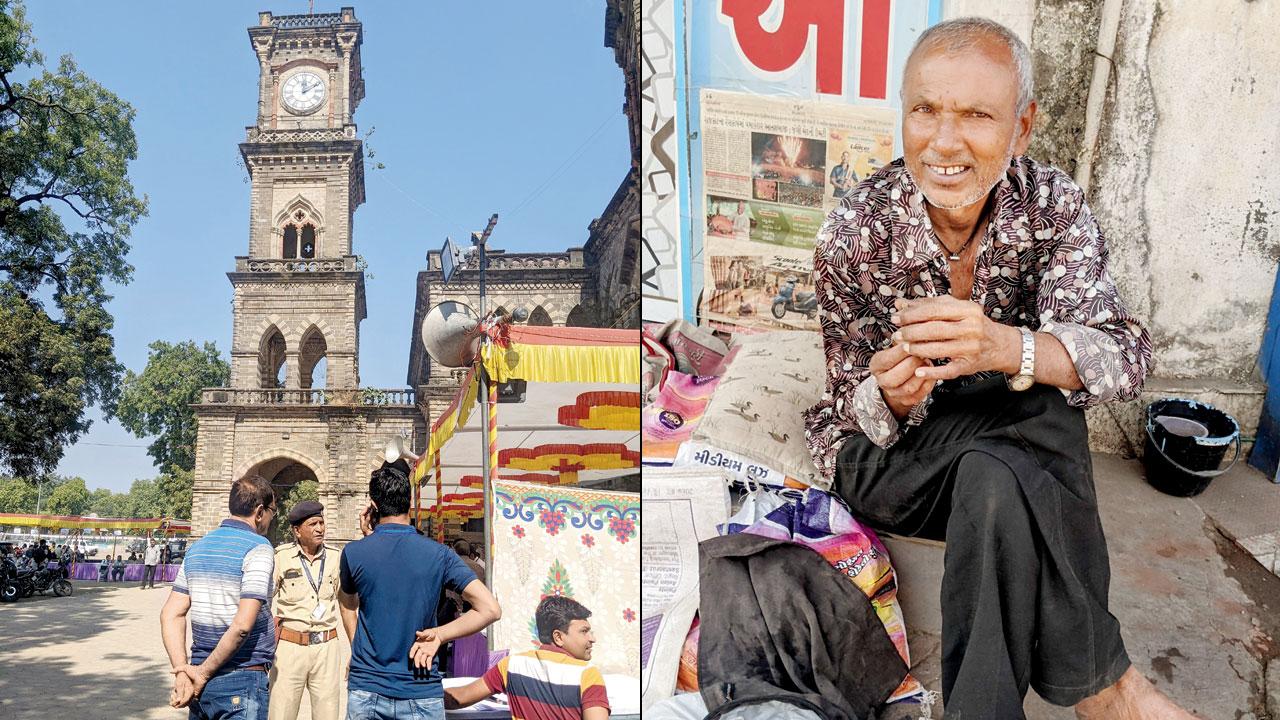 The police and civil staff wait to collect EVMs from a central election office, in Gondal of Rajkot district, on Wednesday; (right) a cobbler in Junagadh, Rajubhai is impressed with the Aam Aadmi Party’s promises and expects it to perform very well