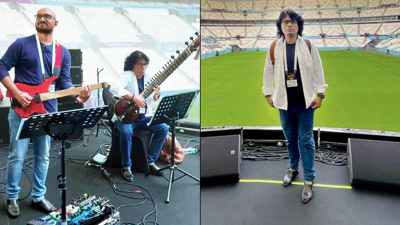 Ravi Chary (right) during the soundcheck on stage in Qatar