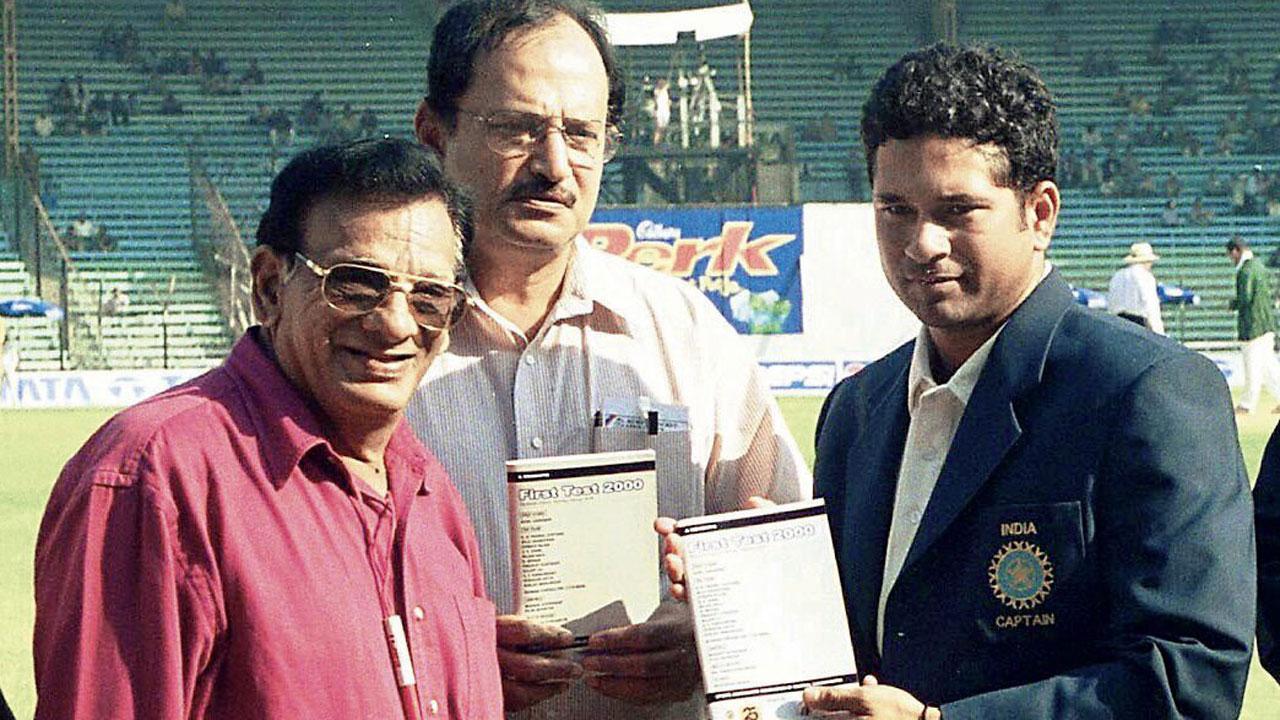 The late SK Sham (left) with Ajit Wadekar and Sachin Tendulkar at a souvenir launch before the India v South Africa Test at the Wankhede Stadium on February 24, 2000. Pic/Mid-Day Archives