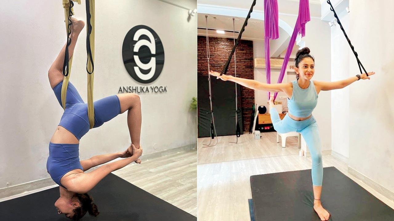 Alia Bhatt; Rakul Preet Singh practise aerial yoga. Pic courtesy/@anshukayoga on Instagram