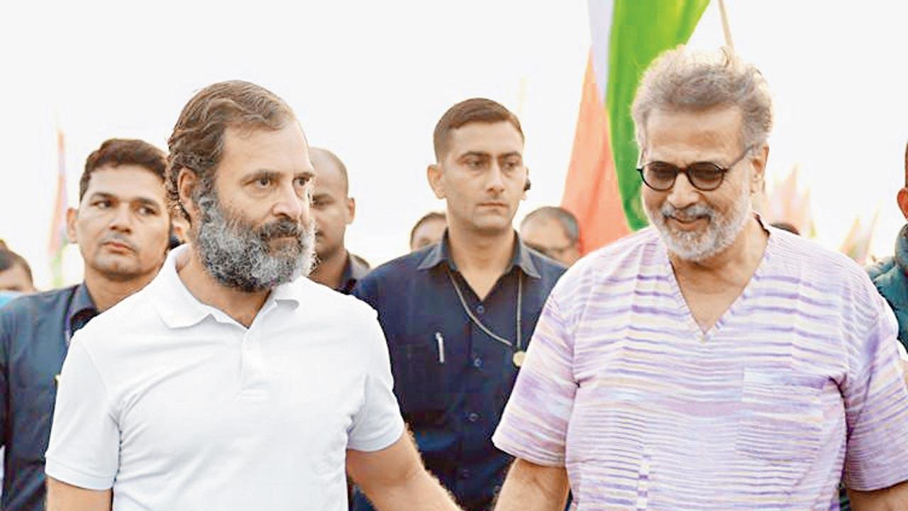 Rahul Gandhi was joined by Mahatma Gandhi’s great grandson Tushar Gandhi in Akola during the Bharat Jodo Yatra Friday. Pic/ANI