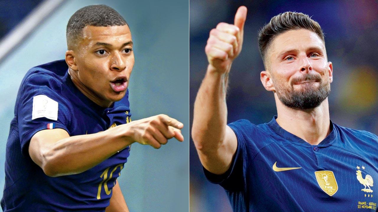 France’s Kylian Mbappe celebrates after scoring against Australia on Tuesday; (right) Olivier Giroud acknowledges the crowd after the brace. Pic/Getty Images