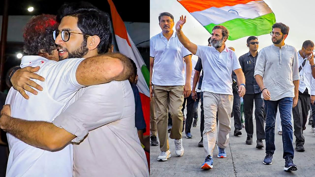 Congress leader Rahul Gandhi with Shiv Sena (Uddhav Balasaheb Thackeray) leader Aaditya Thackeray during Congress' 'Bharat Jodo Yatra', in Nanded district. Pic/PTI