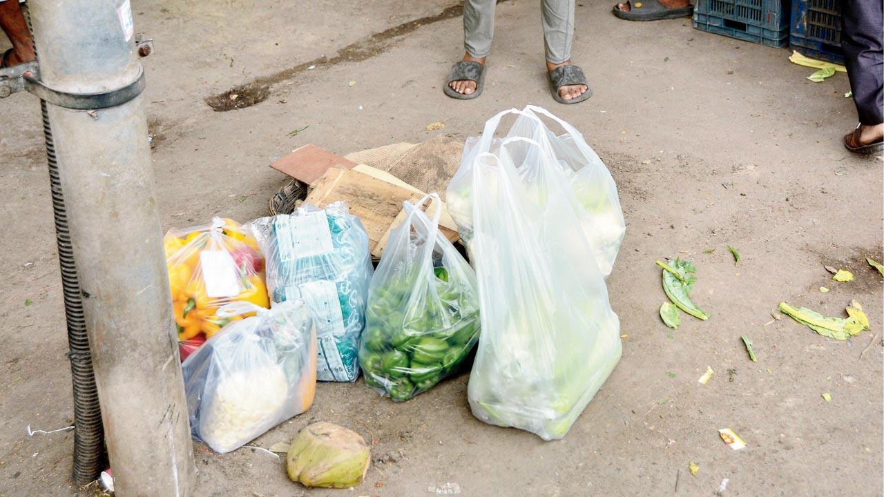 Plastic bags, which are banned yet filled with vegetables