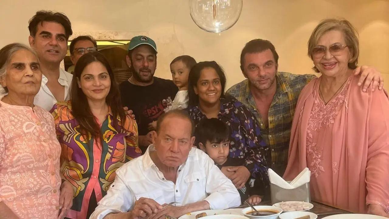 In the family picture, Salim Khan could be seen sitting at a dining table with numerous delicacies on the table and his family members Salman Khan, Arbaaz, Sohail, Alvira Agnihotri, Salma Khan, Helen, and Arpita Khan could be seen standing behind him. Read full story here