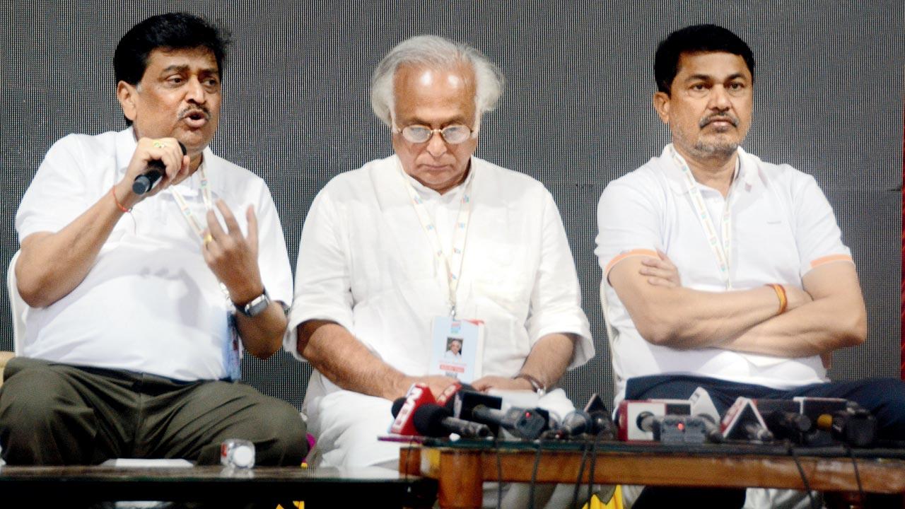 Senior Congress leaders Ashok Chavan, Jairam Ramesh and Nana Patole during a media briefing