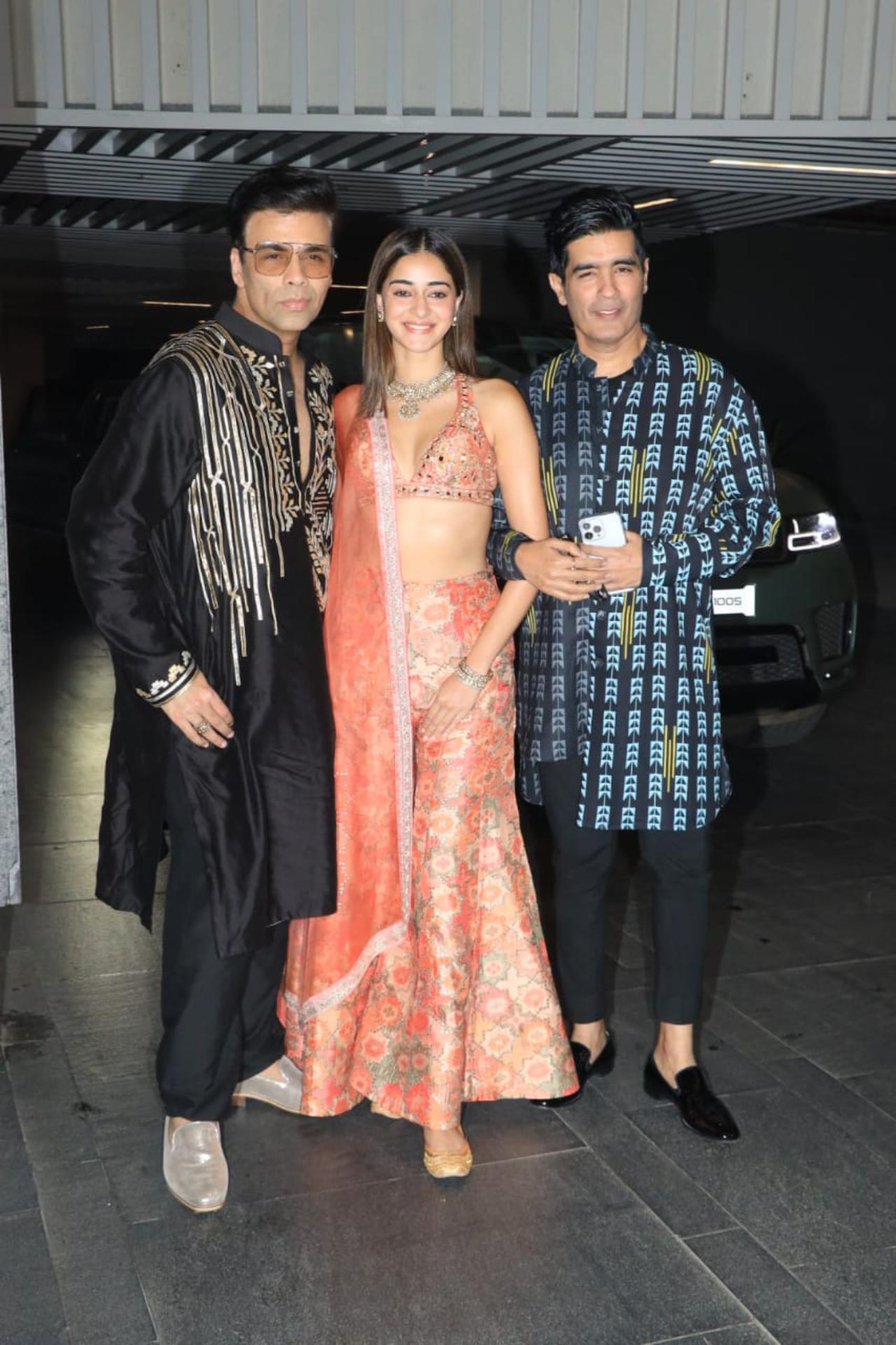 Ananya Panday, Karan Johar, and Manish Malhotra arrived at the same time and were more than happy to click pictures together for the paparazzi