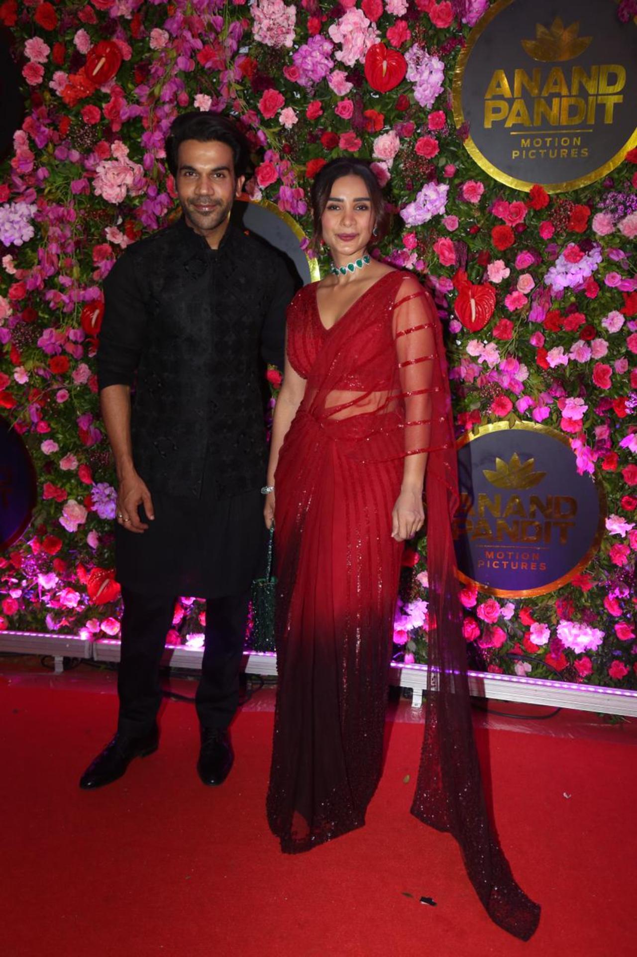 Rajkummar Rao looked dapper in a black kurta while Patralekhaa looked gorgeous in a red sheer saree