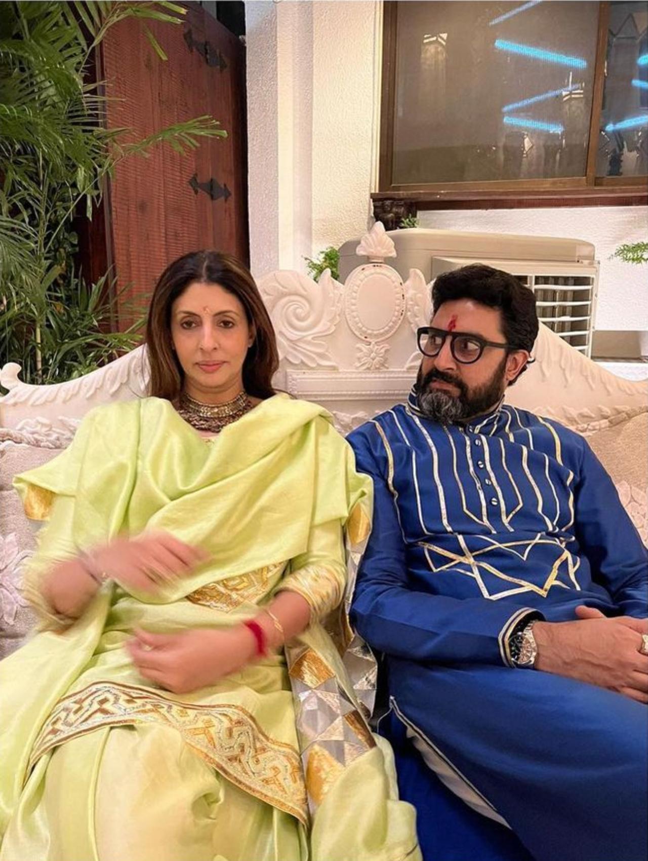 Abhishek Bachchan was in his element as he made funny faces as he posed with elder sister Shweta on Bhai Dooj