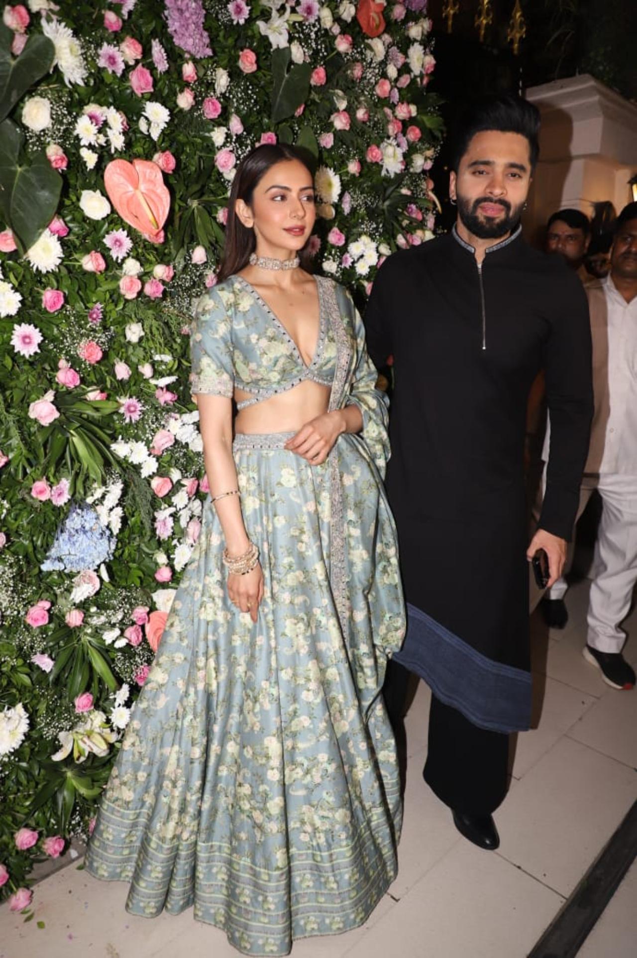 Rakul Preet Singh and Jackky Bhagnani were also seen together at the party. While Rakul opted for a pastel coloured lehenga, Jackky looked dapper in a black kurta suit