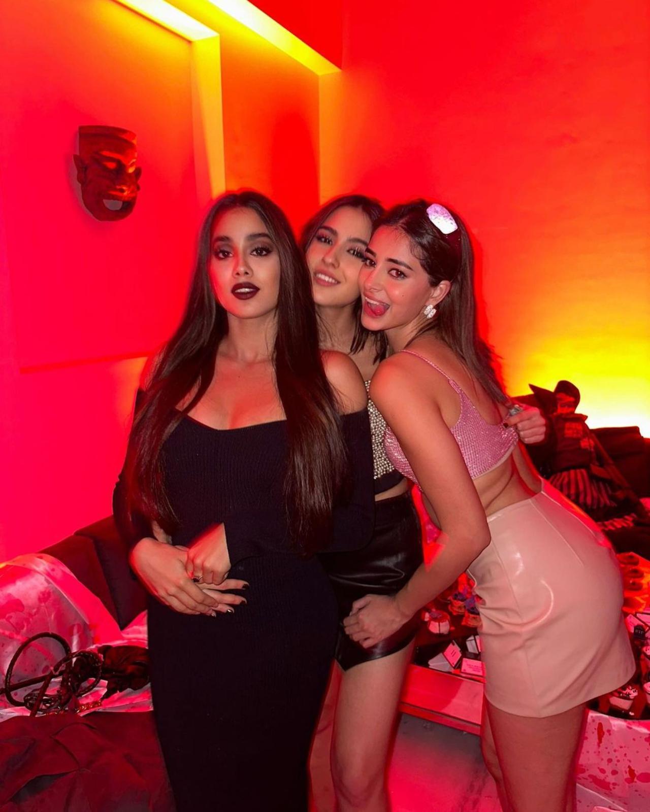 Janhvi Kapoor shared this picture where she is seen posing with her contemporaries Ananya Panday and Sara Ali Khan. The trio were also seen posing and partying together at Manish Malhotra's Diwali party