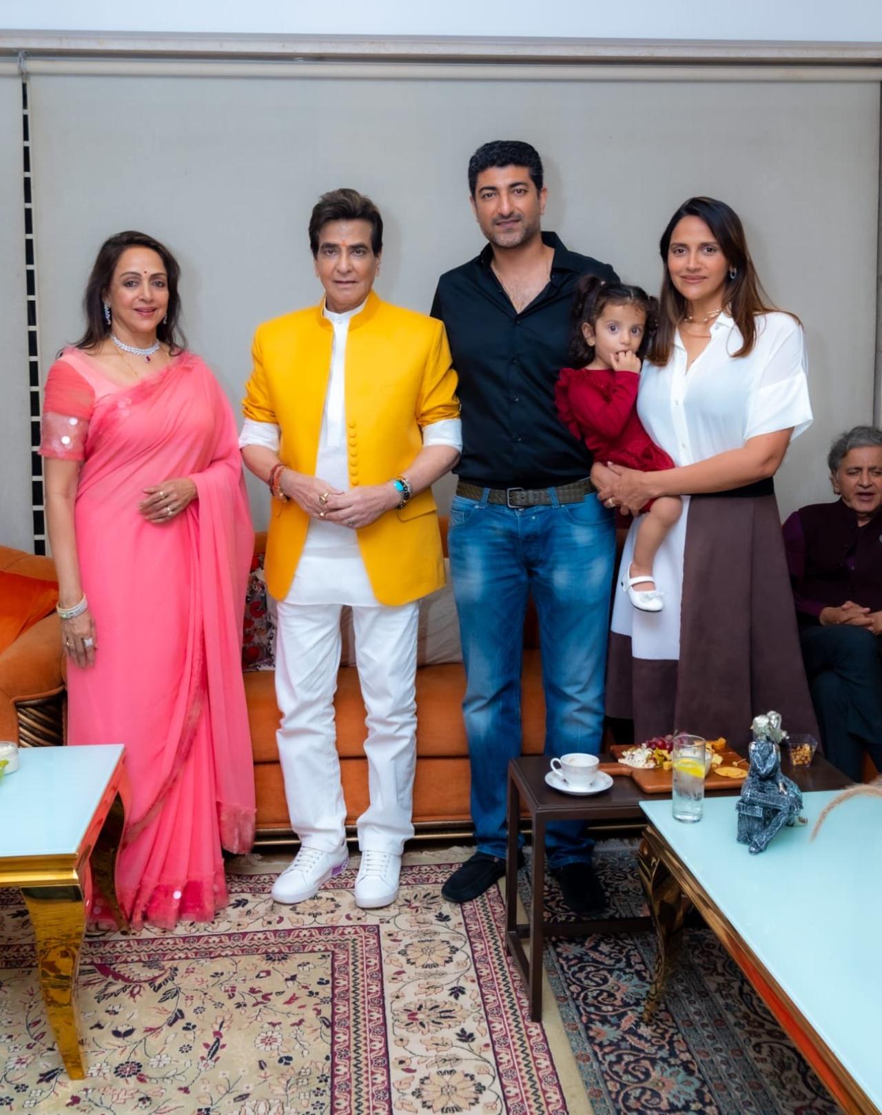 Actor Jeetendra also arrived at the party dressed in a bright yellow blazer over white pants and shirt