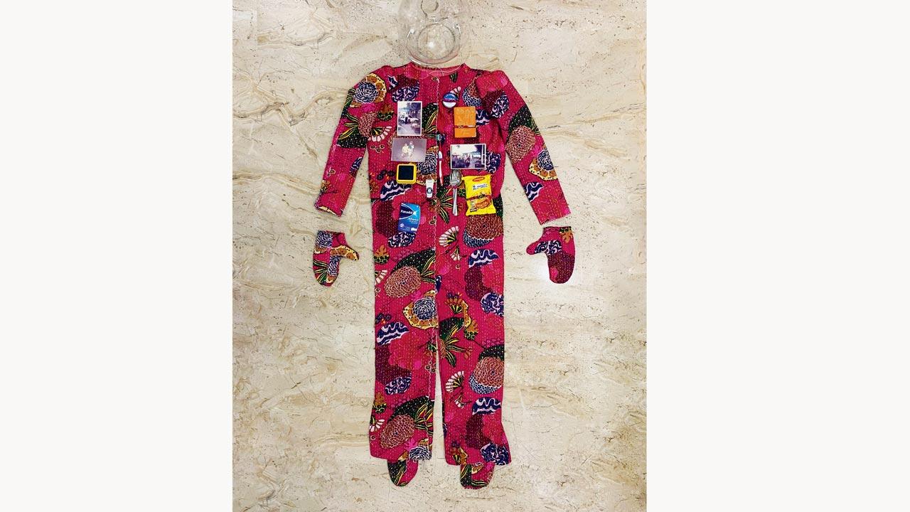 Lucknow girl and spacewear designer Anurita Chandola has designed this pink Kantha work spacesuit, for her alter-ego Astro Anurita, from a bed sheet her mother gifted. The multi-functional space suit turns into a sleeping bag to take a nap. It has pinned on it things dear to Chandola, photos of her family, a packet of her favourite instant noodles and bare necessities for space travel