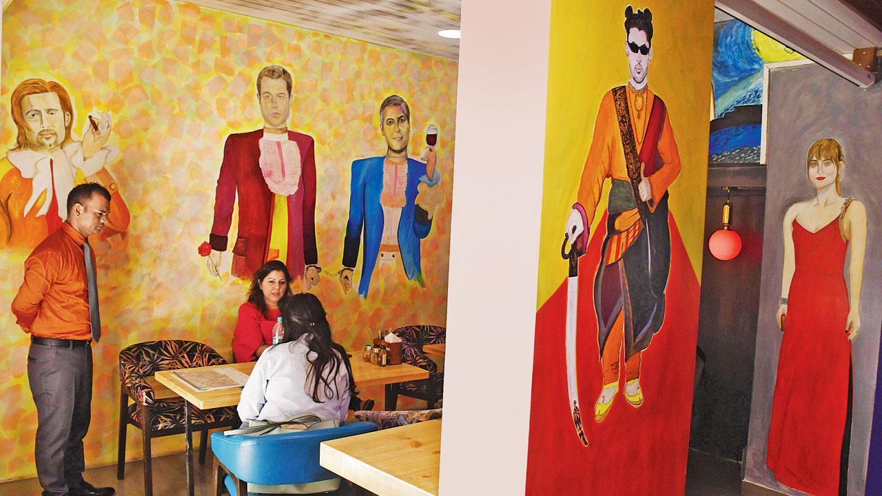 This wall art features a trio of Brad Pitt, Matt Damon and George Clooney dressed as bourgeois men. The murals have been executed by artist Sagar Jadhav. “My brother teaches English in the slums and lesser developed areas. He requested me to encourage Jadhav because he noticed that he displayed massive talent, and we didn’t want him to take up an office job,” says Dabrai. Pics/Ashish Raje