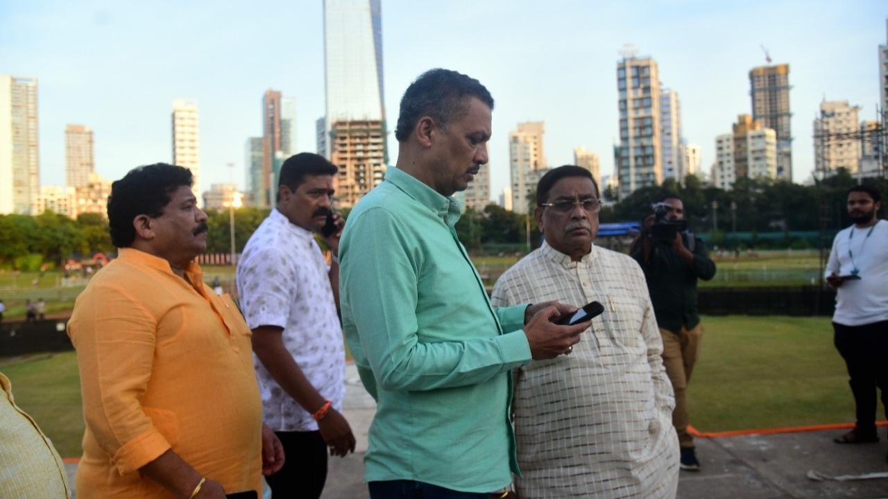 Milind Narvekar reached Shivaji Park on Monday to take stock of the ongoing preparations ahead of the Dussehra rally.