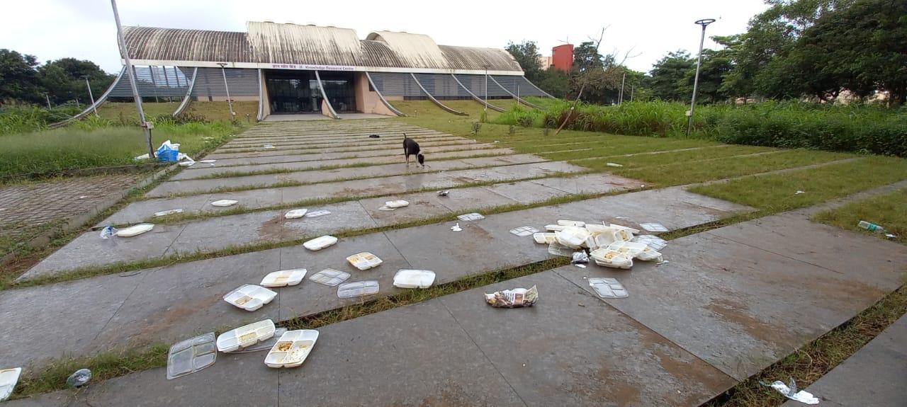 Food plates strewn around the newly constructed knowledge resource centre on MU’s Kalina campus. Pic/Mumbai University student