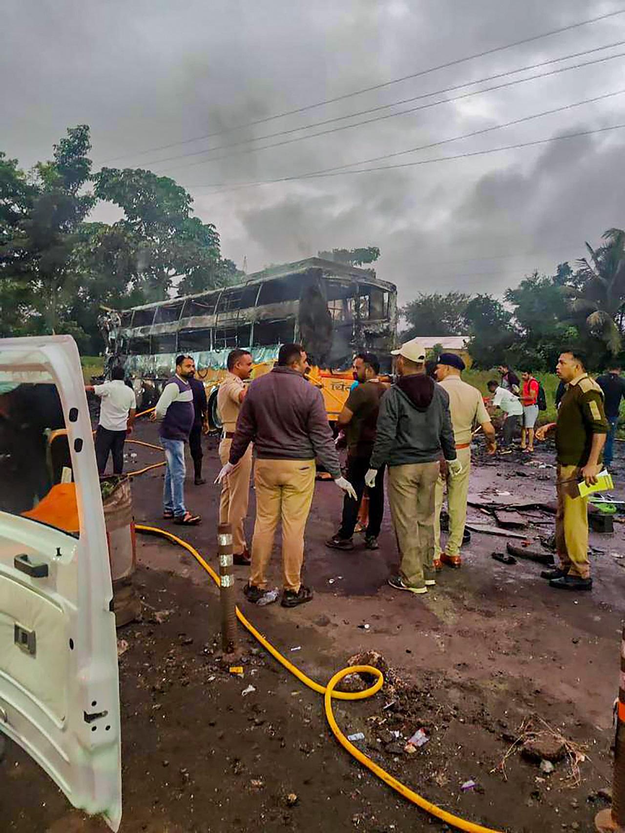 Before catching fire, the bus also hit a mini cargo van, due to which it got overturned, the commissioner added. (Pic/Pallav Paliwal)