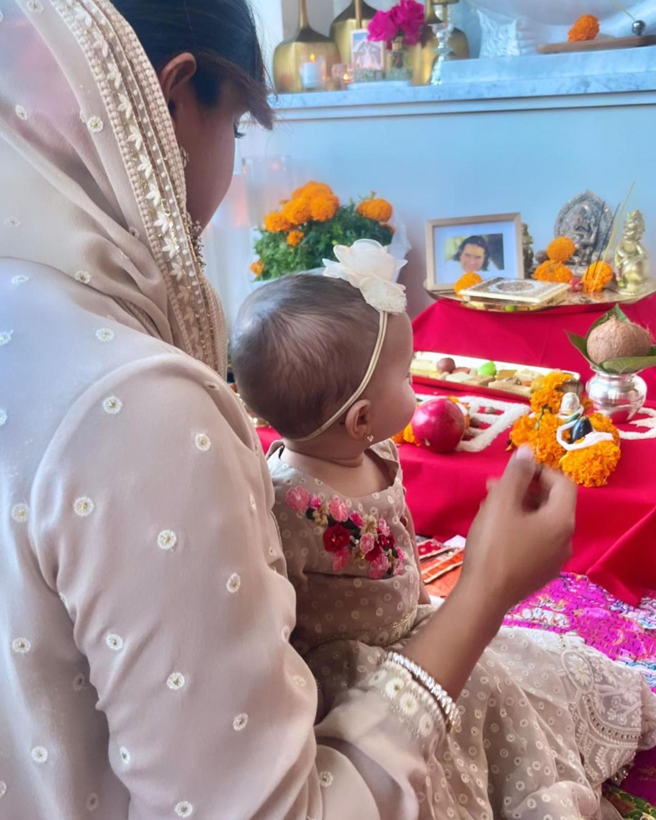 This year's Diwali marked the first for Priyanka and Nick's daughter Malti Marie. The little one was sitting on Priyanka's lap during Laxmi puja