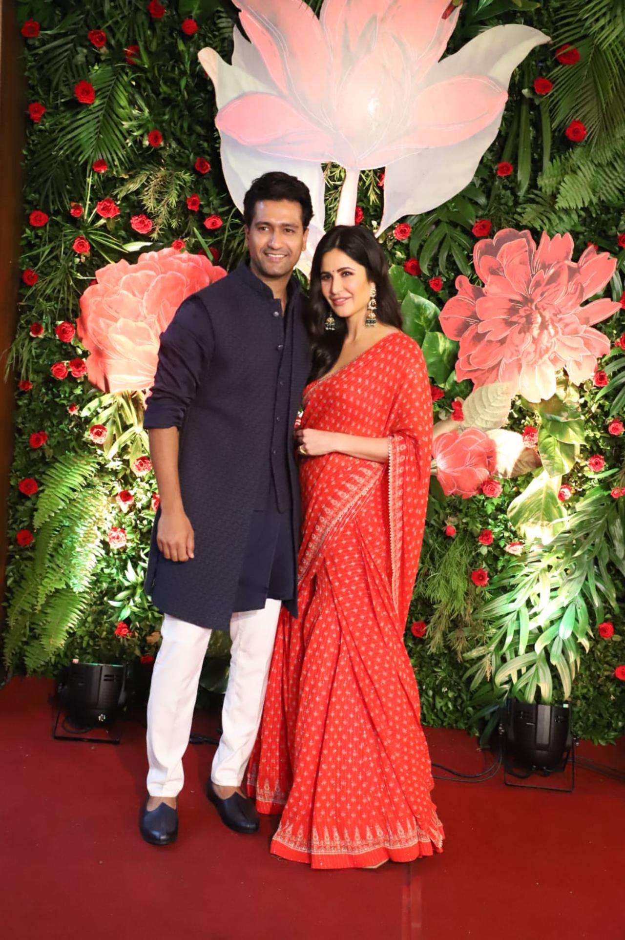 Vicky Kaushal and Katrina Kaif will be celebrating their first Diwali after marriage. The couple arrived fashionably late but in style for the party. While Katrina looked stunning in a red saree, Vicky looked dapper in a blue kurta and white pajama