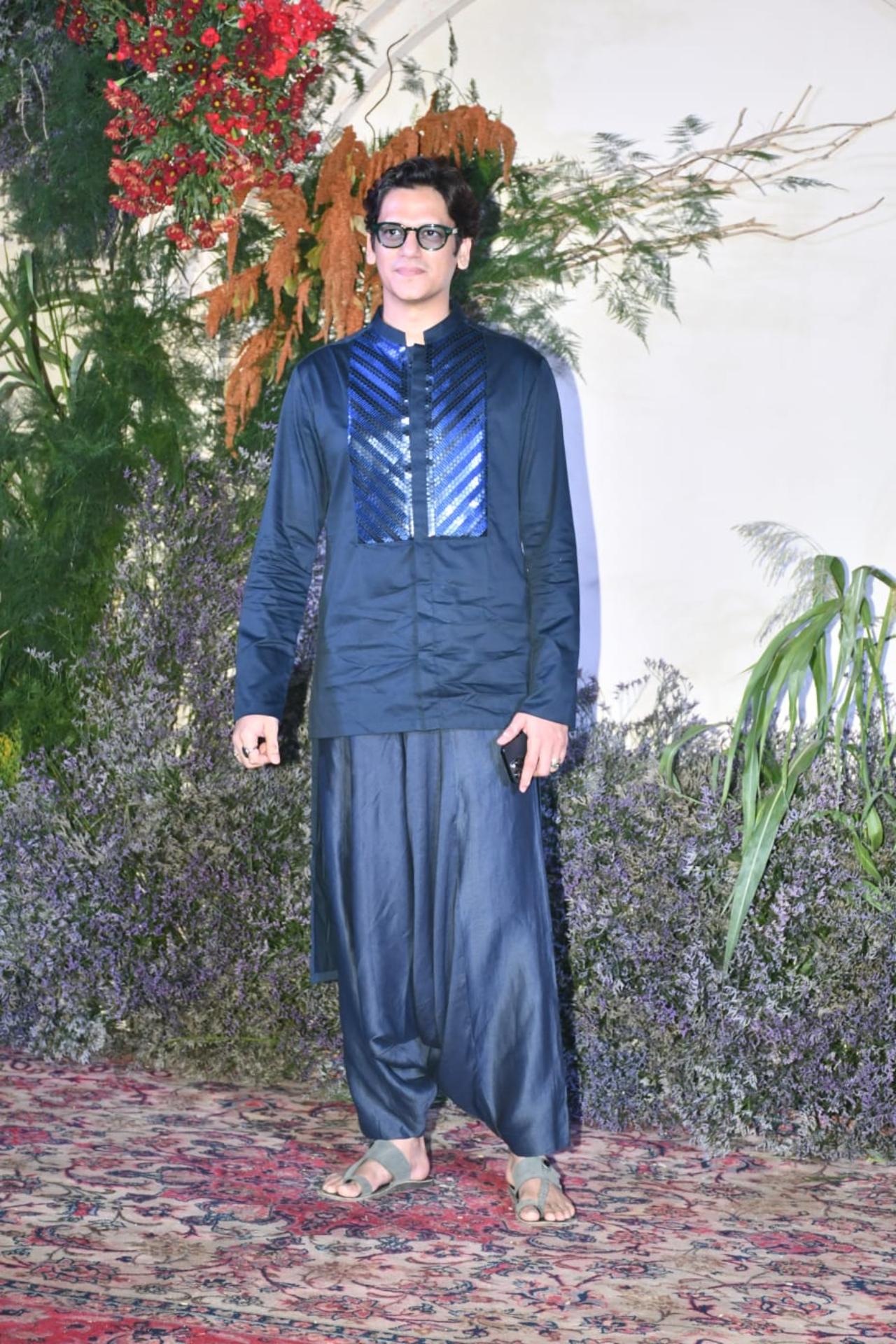 Actor Vijay Varma went for an all-blue shiny traditional ensemble. The 'Darlings' actor completed his look with a pair of shades